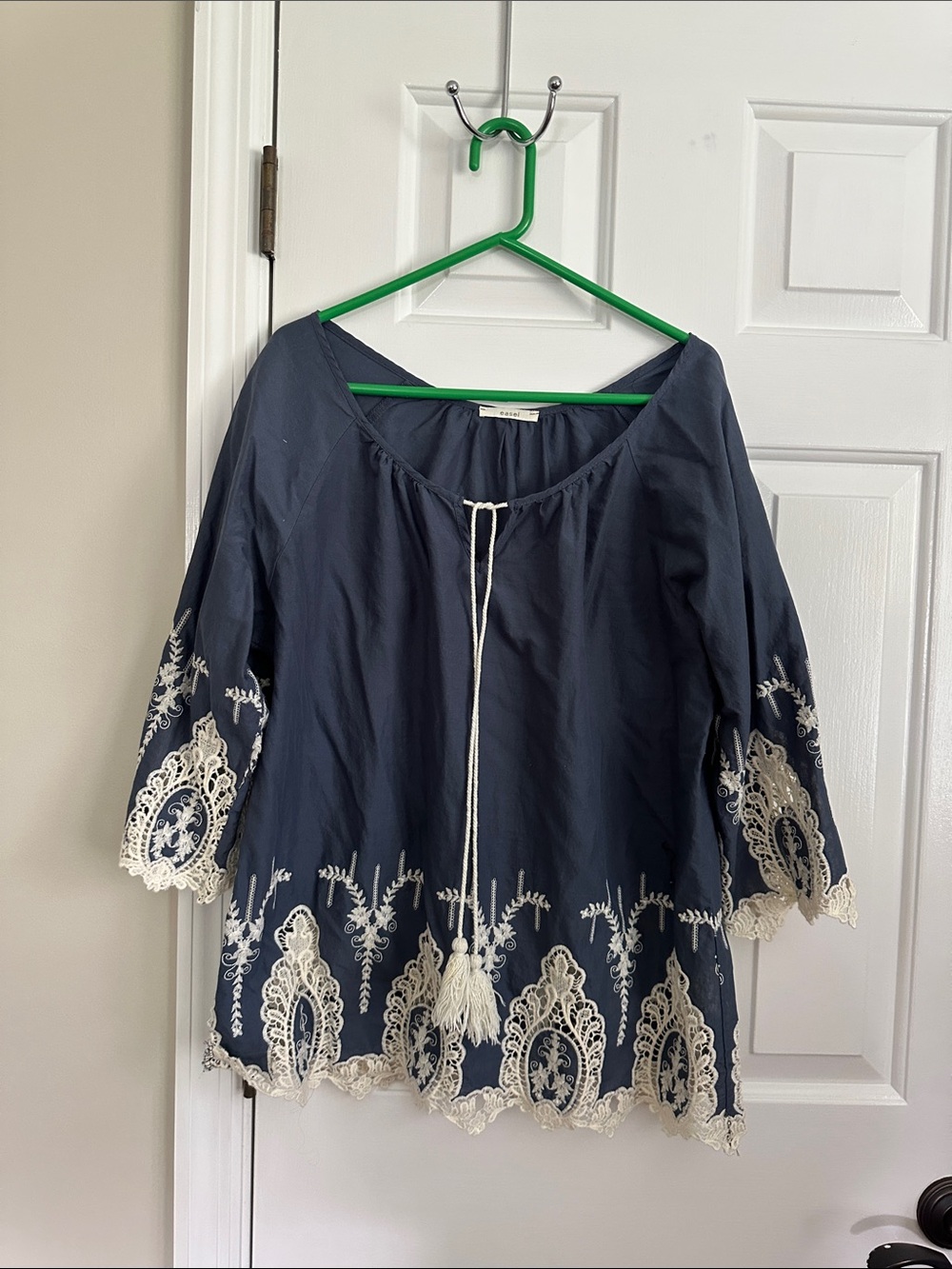 easel Navy Peasant Tunic with Cream Lace Embroidery